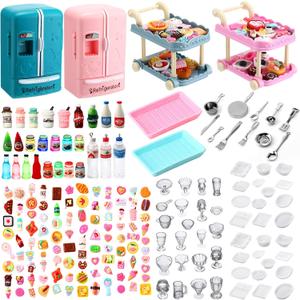 220 Pcs Dollhouse Refrigerator Mini Fridge Toy with Mini Dining Car Miniature Food Drinks Dollhouse Kitchen Furniture Food Toys Dollhouse Miniatures Kitchen Bottles Desserts Decorations