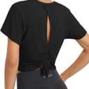 baleaf Women's Open Back Workout Tops Short Sleeve Crop Yoga Shirts Lightweight Athletic Gym Exercise T-Shirts (Black) S
