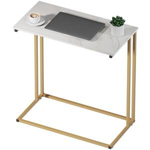 C Shaped End Table with Marble Top & Gold Frame - Narrow Side Table for Couch, Sofa or Bed - Compact Accent Tables Living Room | Multi-Space Small Tables for Office, Bedroom 24x12x25in(White)