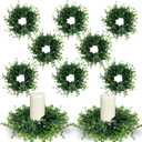 8 Pcs Mini Green Boxwood Candle Rings Wreaths Spring Summer Kitchen Cabinet Swags Wreath 3 Inch Wedding Rings Wreaths Pillar Candle Holder for Wedding Home Door Tabletop Decor (8, Green Boxwood)