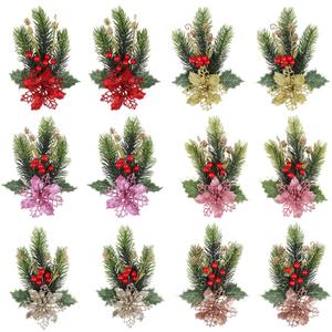 JOFONY 12Pcs Christmas Artificial Poinsettia Flowers,Poinsettia and Holly Berries Silk Flower Artificial Christmas Picks Pine Branches with Red Berry Stems for Home DIY Winter Festive Decor