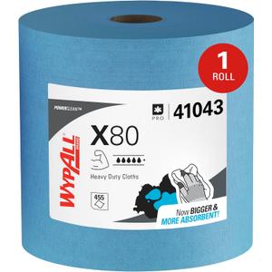 WypAll PowerClean X80 Cloths Heavy Duty Wipes (41043), Jumbo, Extended Use Towels, Blue (1 Roll of 455 Sheets, 455 Sheet Total)