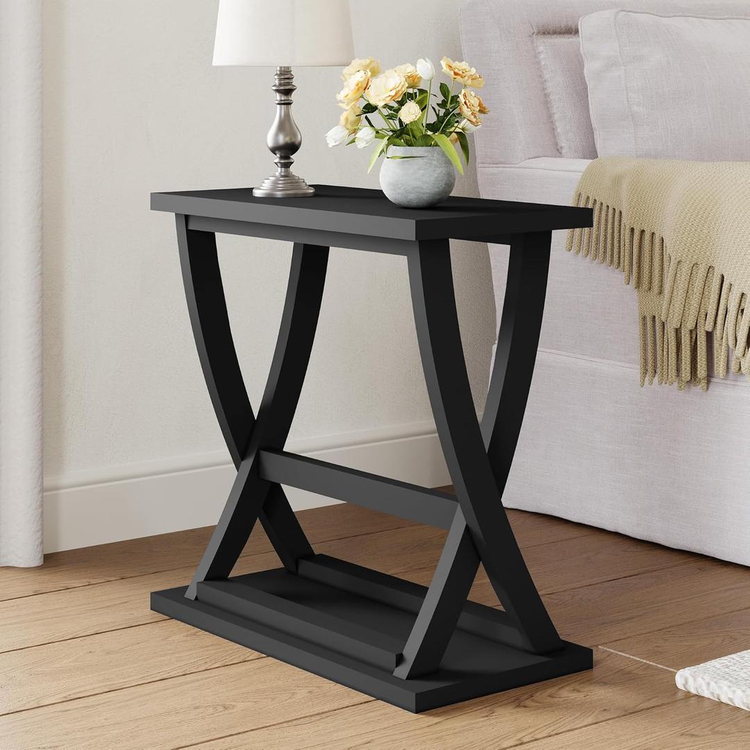 ChooChoo Black End Table, Narrow Side Table with Storage Shelf, Modern X-Design Slim End Table for Living Room,Bedroom, Small Space, 11.8" D*23.6" W*23.4" D