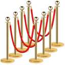 Stainless Steel Stanchion Post Queue 5 ft Red Velvet Rope Red Carpet Ropes and Poles Crowd Control Barriers Sand Injection Hollow Base and Velvet Ropes Set for Party Supplies (8 Pieces, Gold)