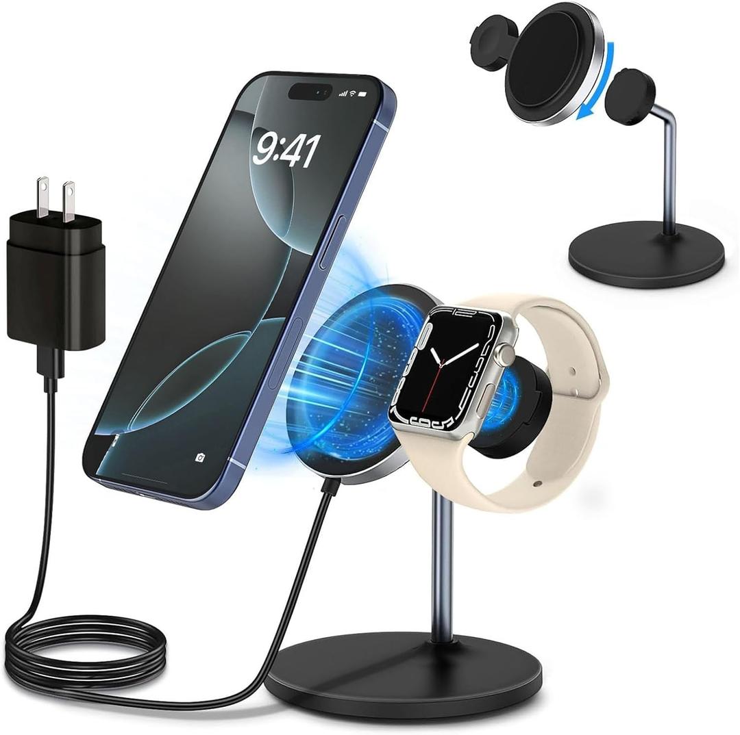 2 in 1 Magnetic Wireless Charger for iPhone, 15W Fast Charging Station for Apple Devices, Detachable Wireless Charger Stand for iPhone 16/15/14/13/12 Series & Apple Watch (PD 25W Adapter Included)
