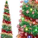 5 Ft Pop Up Christmas Tree with Lights, Red Green Gold Skinny Tinsel Pencil Tree Lollipop 50 Colorful Light Timer Battery Operated Christmas Tree Collapsible Xmas Decoration for Home Holiday Indoor