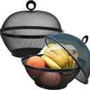 Fruit Basket With Lid - Decorative Fruit Bowl Metal Wire Basket Covered Fruit Bowl Strainer For Fruits Vegetables Fruit Display Stand Keeps Flies Out Φ10.7 (2 Fruit Baskets+2 Lids) (black)