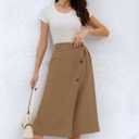 CHARTOU Women's Summer Linen Elastic Back Buttoned Swing Midi A Line Skirt (Brown, M)