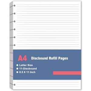 A4 Discbound Lined Refill Paper, 11 Disc Hole Punched Ruled Filler Paper, Letter Size Refills Paper, 100Sheets / 200Pages, Loose-Leaf Paper, 100gsm Paper, 8.5'' x 11''