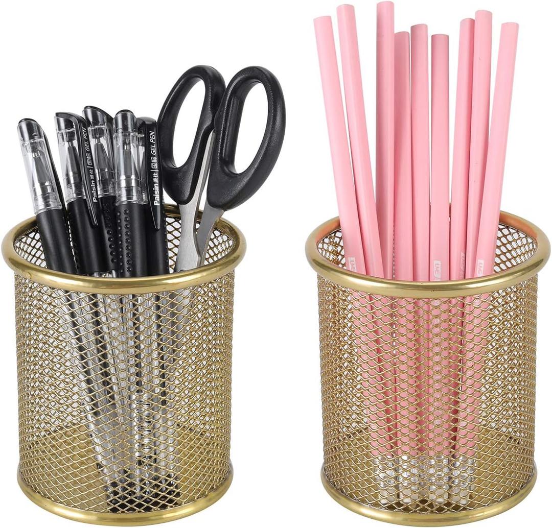 PAG Pencil Holder for Desk, 2 Pack Desktop Pen Cup, Office Supplies Desk Organizers and Accessories Organization, Makeup Brush Holder, Gold