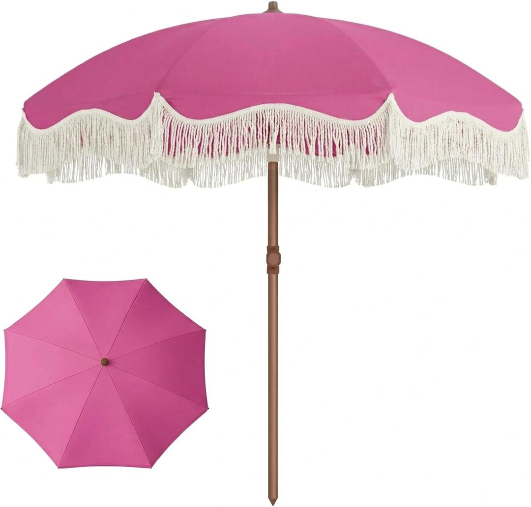 7ft Patio Umbrella with Fringe, Boho Beach Umbrellas, Outdoor Tassels Umbrellas with Push Button Tilt & Carrying Bag, 8 Windproof Fiberglass Ribs, UPF50+