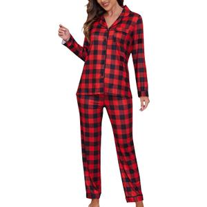 ZMJ Womens Pajamas Sets 2 Piece Long Sleeve and Pant Pj Sets Button Up Sleepwear (Medium, Christmas Red and Black Plaid)