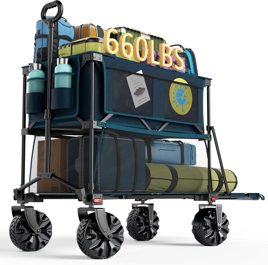 Portal Collapsible Double Decker Wagon Folding Utility Cart with Tailgate, Beach Wagons with Big Wheels, 660LB Heavy Duty Foldable Wagon 14 FT Large Capacity for Camping, Sports, Garden (Ocean Blue)
