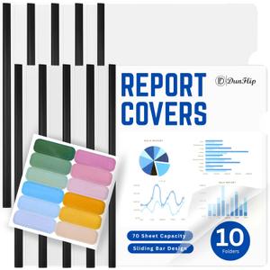 Clear Report Covers with Sliding Bar 10 Pack - 70 Sheet Capacity Presentation Folders with 12 Label Stickers for US Letter Size 8.5x11" and A4