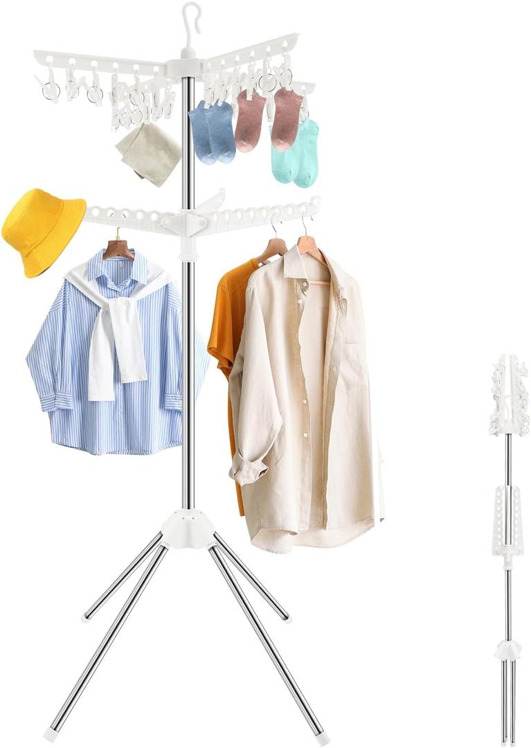 2 Tier Clothes Drying Rack, 56inch Collapsible Laundry Drying Stand with 3 Rotatable Arms 24 Clips, Portable Garment Rack for Balcony Camping