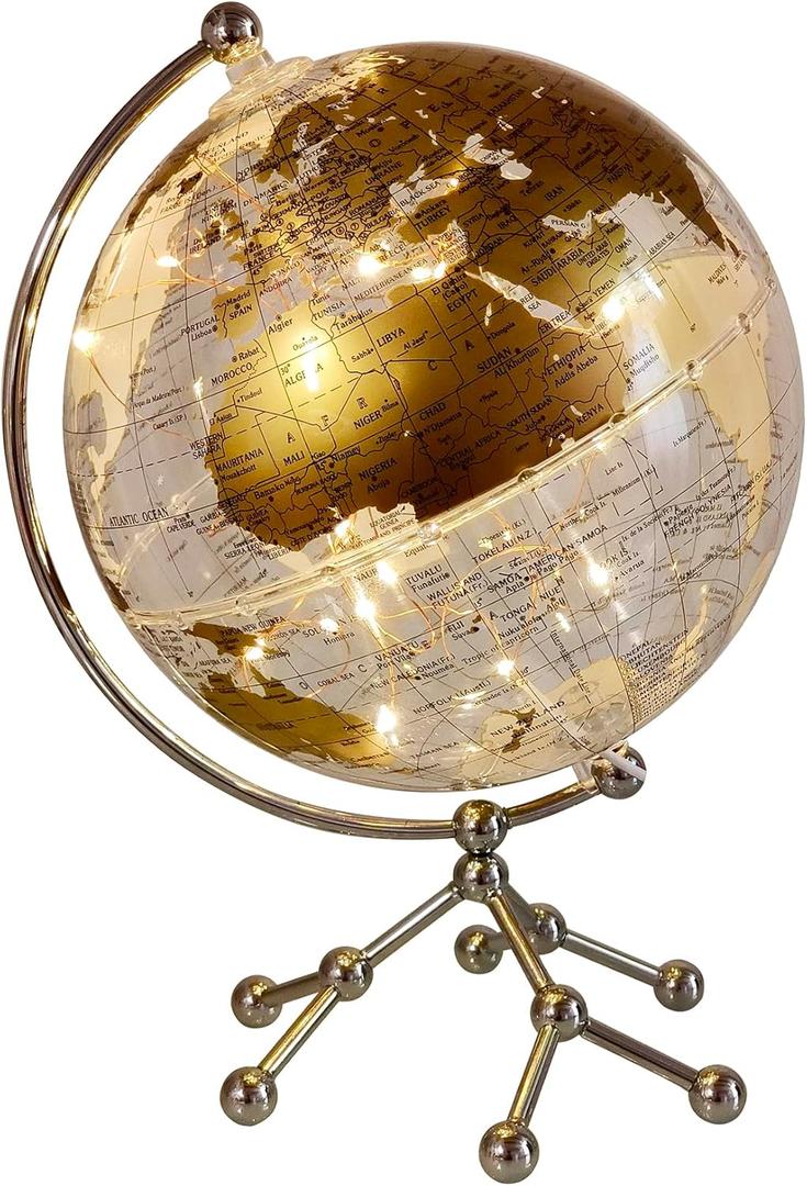 8'' World Globe, Clear Metal Globe with Built-in Gypsophila LED Strip for Home Decor, Office Desktop, Study Education and Night Light (Gold)