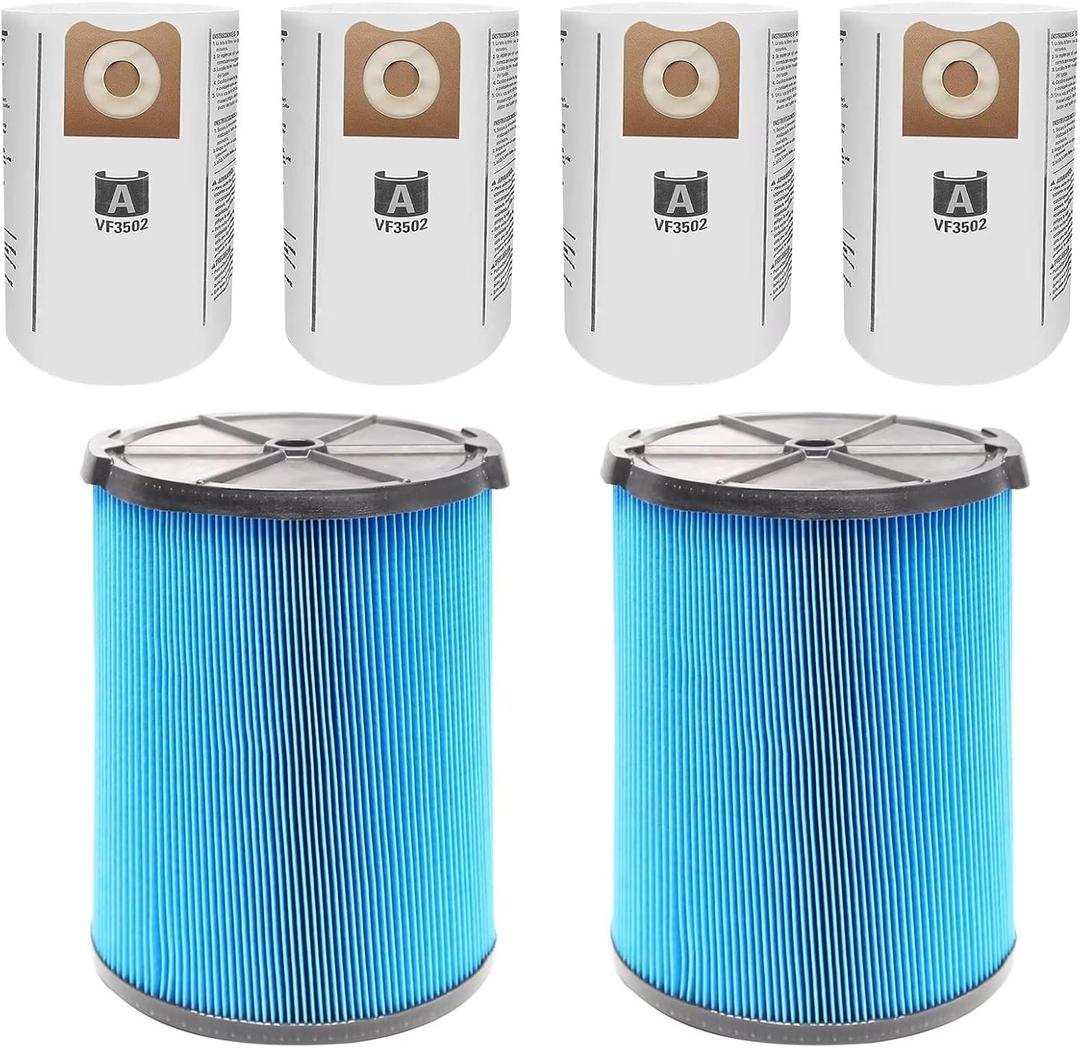 VF5000 Filter for Ridgid Shop Vac 5-20 Gallon Wet Dry Vacuums, 3-Layer High-efficiency Fine Dust Filter Fits WD1450 WD0970 WD1270 WD09700 WD06700 WD1680 (2 Pack VF5000 Filters + 4 Pack VF3502 Bags)