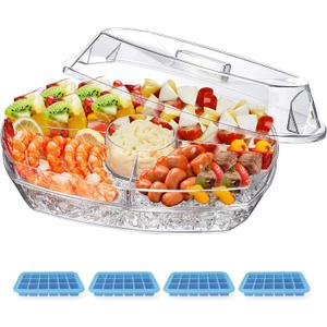 INNOVATIVE LIFE Appetizer Serving Tray on Ice, 15 Inch Party Platter with 4 Ice Cube Tray, Kitchen Chilled Food Bowl with Compartment and Lids for Shrimp, Fruits, Vegetables, Salads, Sushi, Clear