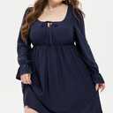 AlvaQ Plus Size Dresses for Women Square Neck Long Sleeve Dress Embroidery Eyelet A Line Sundress with Pockets L-4X (XL)