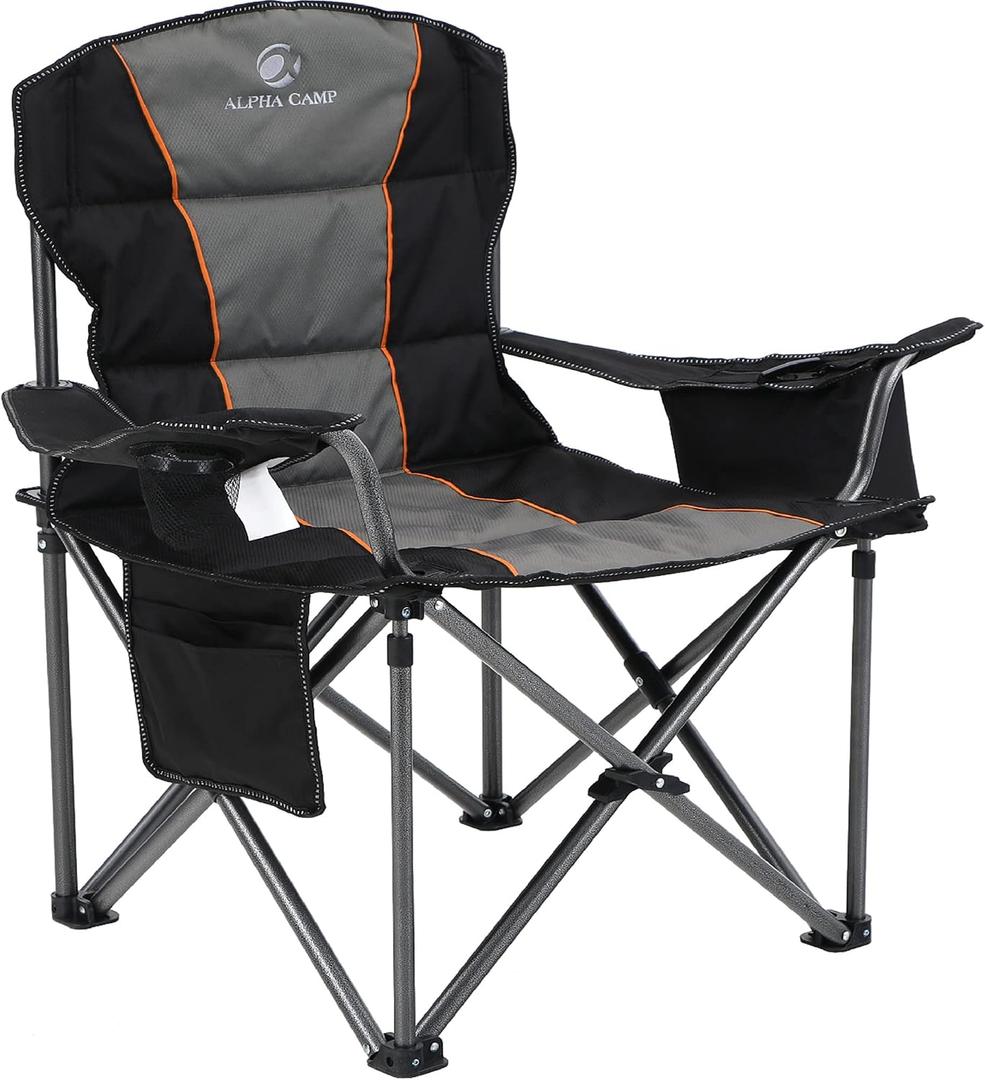 ALPHA CAMP Heavy Duty Camping Chair 500LBS Capacity, Oversized Folding Chair for Heavy People, Padded Portable Outdoor Chair with Cooler Bag & Cup Holder for Camping, Fishing, Beach, 1PC