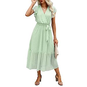 BTFBM Women Summer Bohemian Floral Casual Wrap V Neck Ruffle Cap Sleeveless Belt A-Line Pleated Hem Swing Midi Sun Dress (Swiss Dot Light Green, L)