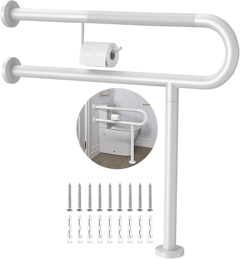 Toilet Grab Bar with Leg 31.5x28 Inch, ZUEXT White Knurled Toilet Support Bar with Toilet Paper Holder,Stainless Steel Wall & Floor Mounted Bathroom Support Rail for Seniors Elderly Disabled Pregnant