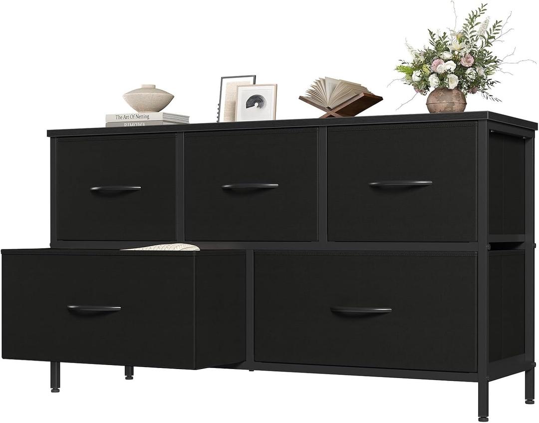 OLIXIS 5 Drawer Black Dresser for Bedroom, Closet Chest Organizer Furniture | TV Stand for Living Room Hallway, Wide Fabric Storage Tower with Wooden Top and Metal Frame