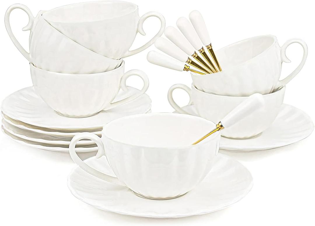 Yesland Set of 6 Royal Tea Cups and Saucers, 6 oz White Porcelain Tea Set & British Coffee Cups, White Latte Cups and Espresso Mug for Specialty Coffee Drinks, Latte, Cafe Mocha, Tea