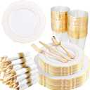 Liacere 350PCS Gold Plastic Plates-Disposable White and Gold Plates 50guest Baroque Plastic Dinnerware include 100Plates, 50Pack Pre Rolled Napkins with Silverware 50Cups for Wedding&New Years