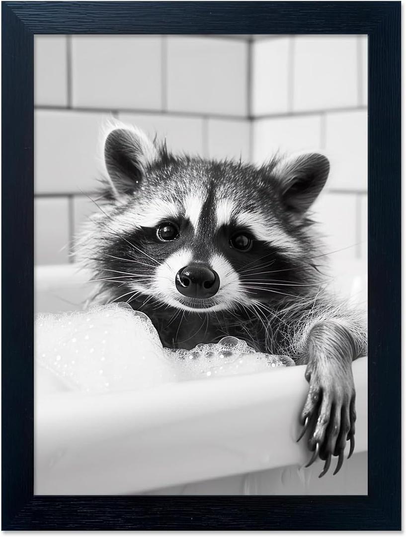 Raccoon Bathroom Decor Wall Art Funny Animal Wall Art Framed Black And White Farmhouse Pictures Cute Animal Print Painting Kids Room Decor