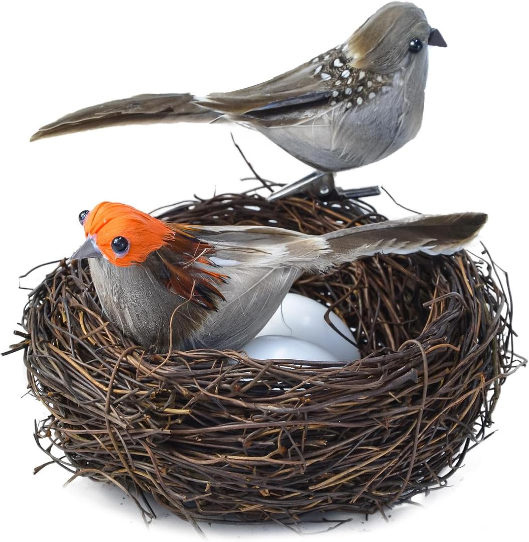 Spring Easter Home Decor,6pcs Artificial Faux Real Feathers Ornament Mini Fake Bird Figurines Nest Eggs,Small Sparrow Decorative,Clip On Birds for Christmas Tree DecorationCraftsStatue Photo Props