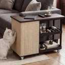 Cat Scratch Furniture Protector, Couch Protector from Cat Claws Side Table with Storage Cabinet & Wheels, 12.6''Wooden Sofa Narrow End Table with Cat Scratch Panel for Living Room (Walnut, Left)
