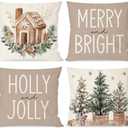 PANDICORN Christmas Pillow Covers 18x18 Set of 4 Gingerbread House Xmas Tree Decorations Neutral Christmas Decor Merry and Bright Winter Holiday Decorative Throw Pillow Cases for Home Room Couch