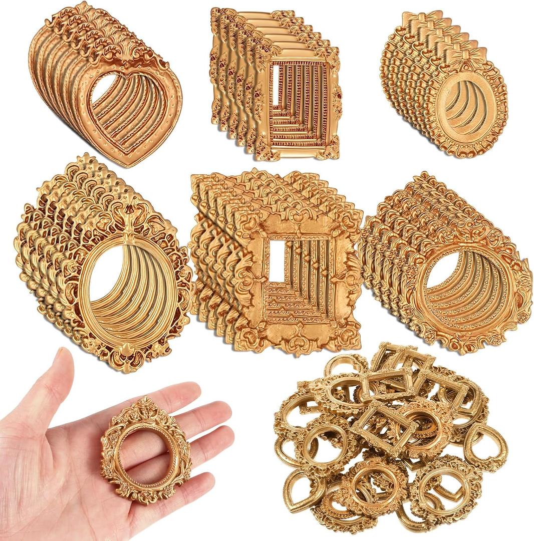 90 Pieces Gold Vintage Resin Picture Frame Antique DIY Manicure Jewelry Small Display Frames Small Picture Frame Oval Rectangle Wall Hanging for Manicure Photo Home Decoration (Gold)