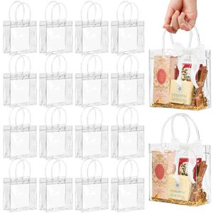 Jutieuo 16 Pack Clear Plastic Gift Bags with Handles, 5.9" x 6.3" x 2.8" Reusable Transparent Party Favor Bags PVC Goodie Bags Bulk for Wedding, Baby Shower, Birthday