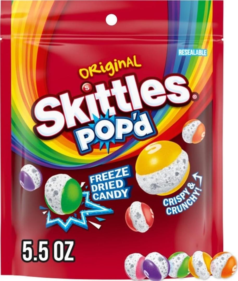 SKITTLES POP'd Originals Freeze Dried Candy, Resealable Bag, 5.5 oz | Crunchy freeze dried candy rainbow bites, crunchy fruity flavor candies for snack time and movie nights, party, goodie bags (EXP 10/01/26)