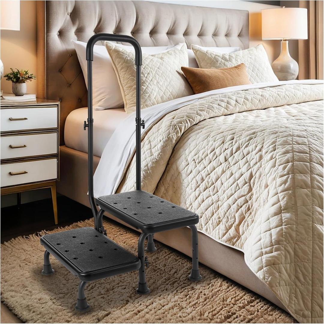 2 Step Stool with Handle for Elderly - Bed Steps for High Beds with Adjustable Handrail &Non-Slip Platform, Holds up to 450 lbs