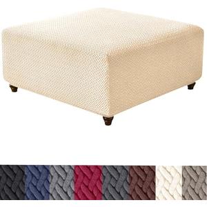 HFCNMY Ottoman Cover Square,Stretch Knitted Jacquard Ottoman Cover Ottoman Slipcover Square Washable Storage Foot Stool Cover with Elastic Bottom Beige Medium
