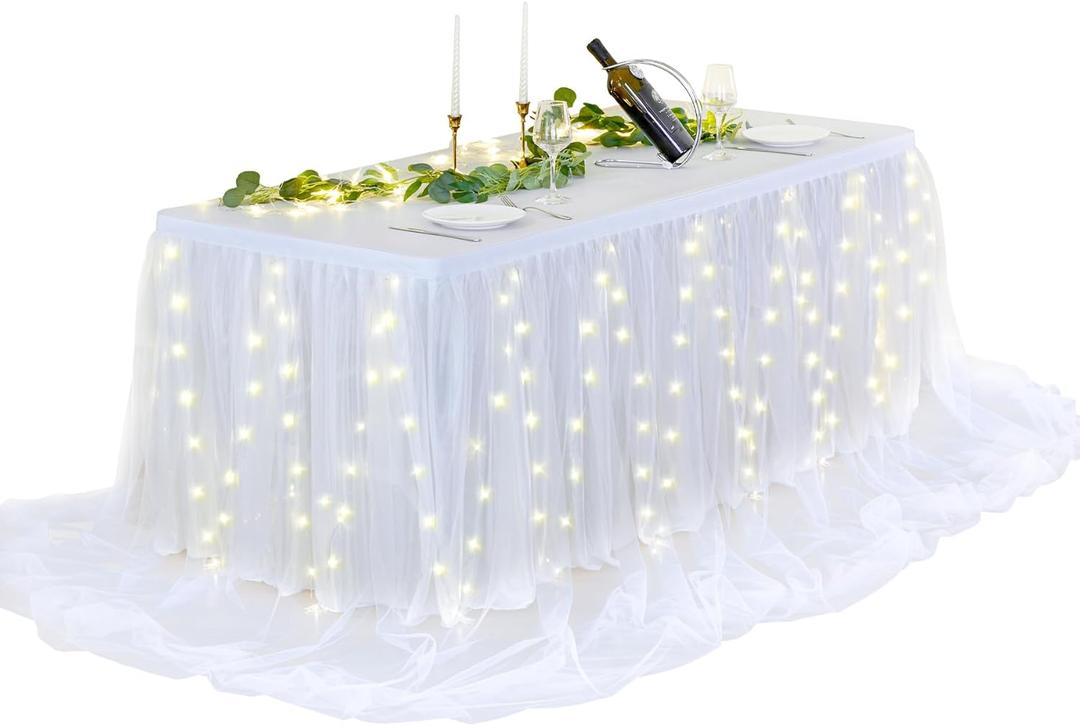 14FT White Tulle Table Skirt for Rectangle or Round Tables Ruffle Tulle Tutu Cloth Desk Table Skirt with LED Lights for Birthday Party Baby Shower Gender Reveal Cake Dessert Decorations