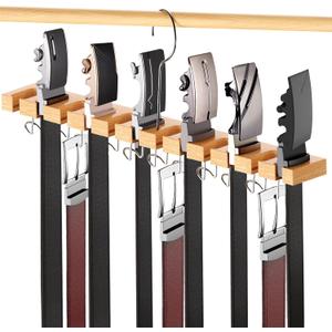 Belt Hanger for Closet Max 42 Belts, 2-in-1 Wall Mount Belt Organizer with 360 Rotating Hooks, Wooden Tie and Belt Rack for Closet Accessories Organizers and Storage, 12+11 Storage