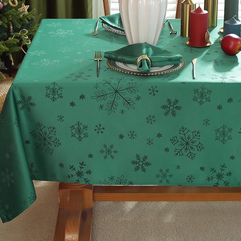 MATIRUG Green Christmas Tablecloth Rectangle 60x84 Inch, Spillproof Wrinkle Free Green Snowflake Jacquard Fabric Table Cloth for Xmas Winter Holiday New Year