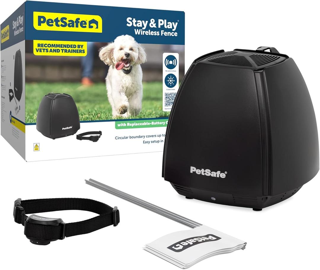 PetSafe Stay & Play Wireless Fence with Replaceable Battery Collar - Circular Boundary Covers Up to 3/4 Acre