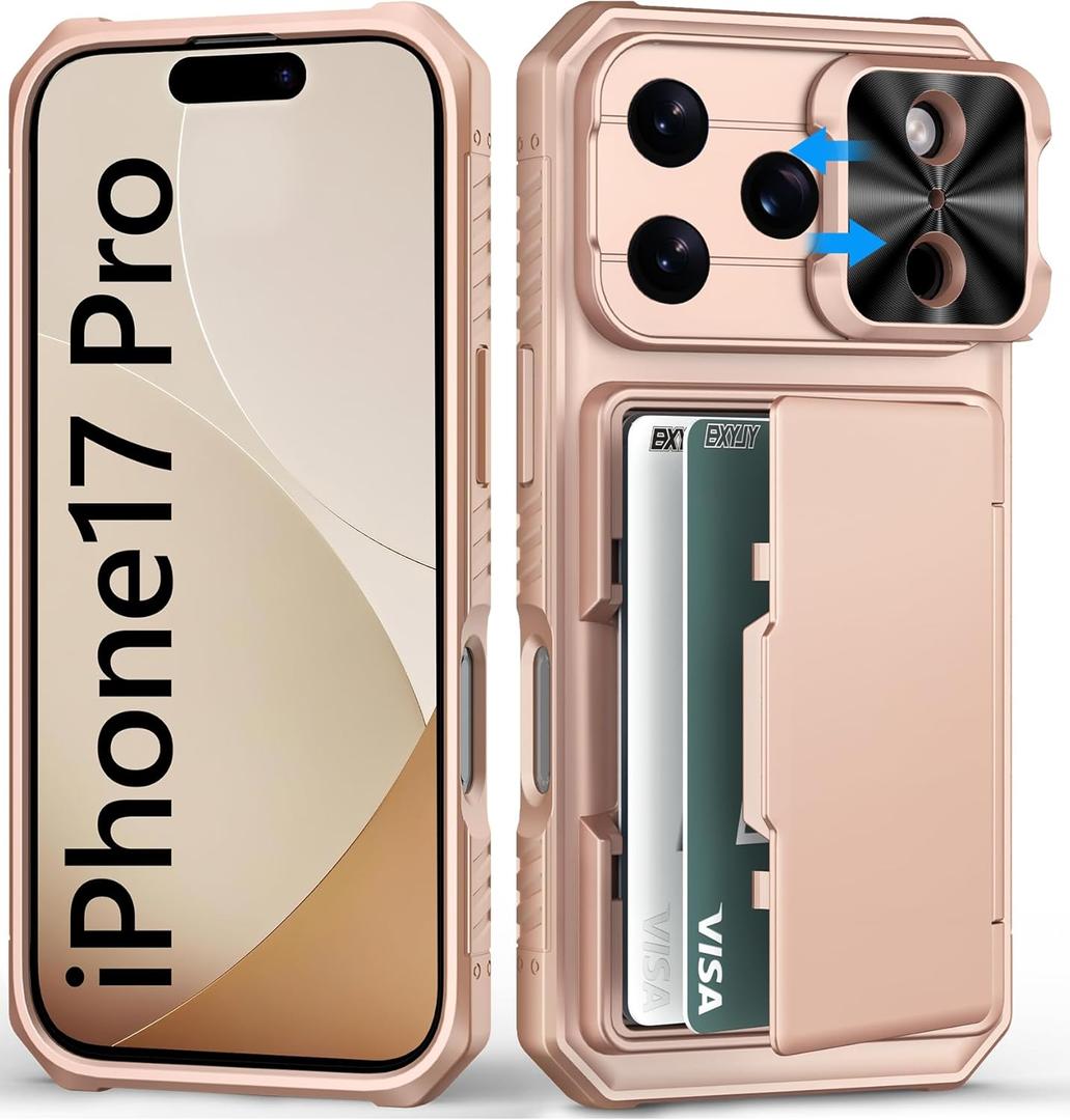 for iPhone 17 Pro Phone Case Wallet, Card Holder (4-5 Cards), Slide Camera Cover, Military Grade Protection, Rugged Hard Women Girly Men Protective Case for iPhone17 Pro 6.3", Rose Gold