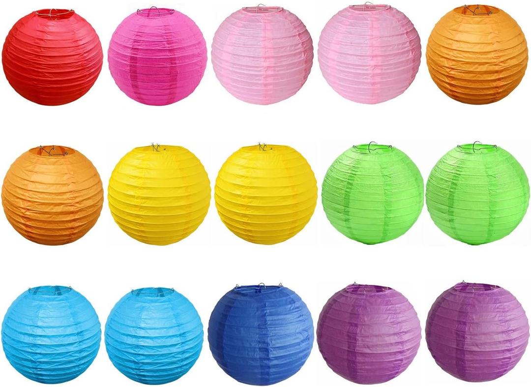 15pcs Colorful Paper Lanterns Multicolor Hanging Ball Lanterns for Birthday Wedding Bridal Baby Shower Home Office Classroom Outdoor Indoor Party Decoration (14 inch)