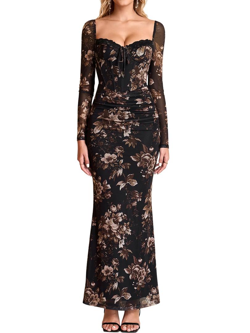 KUTUMAI Women Long Sleeve Lace Corset Formal Wedding Guest Dress Bodycon Ruched Mesh Cocktail Maxi Dresses L