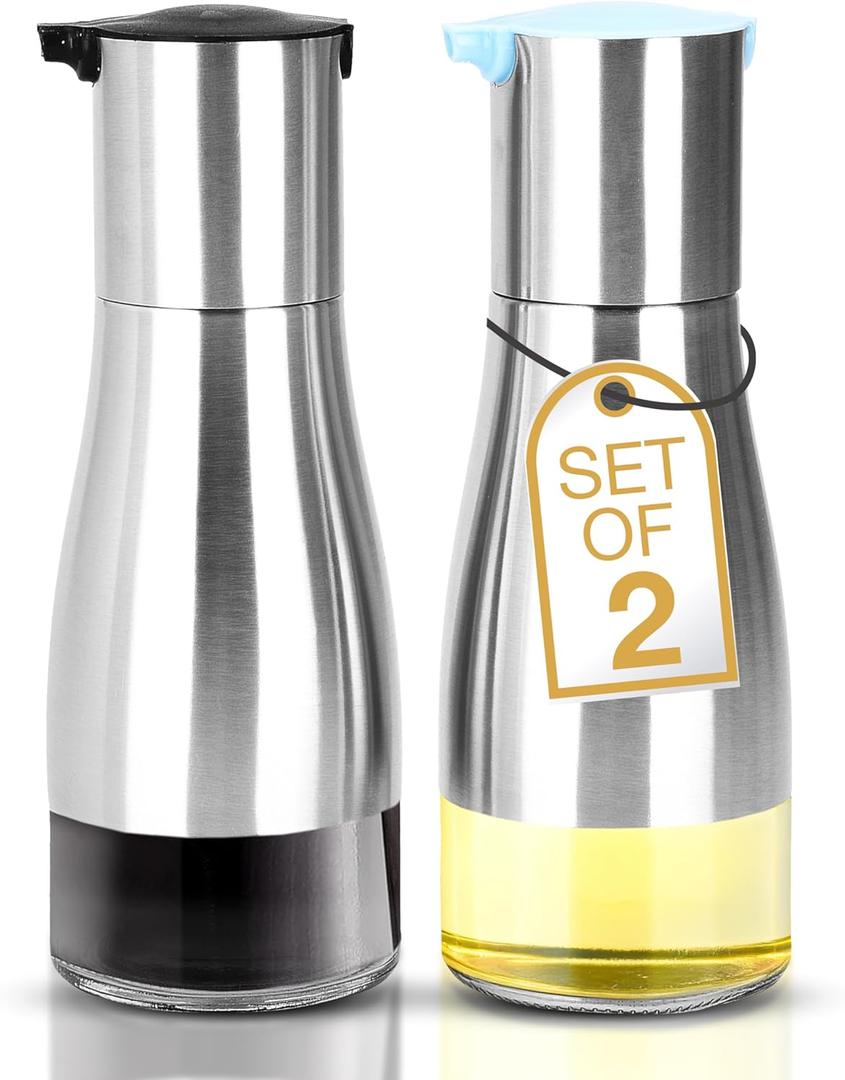 2LB Depot Oil and Vinegar Dispenser Set - Brushed Steel & Glass Containers with Anti-Drip Spout Lid - Easy-Clean - Olive Oil Dispenser Bottle - Minimalist Kitchen Accessory - 7.1"H x 2.7"L x 2.7"W