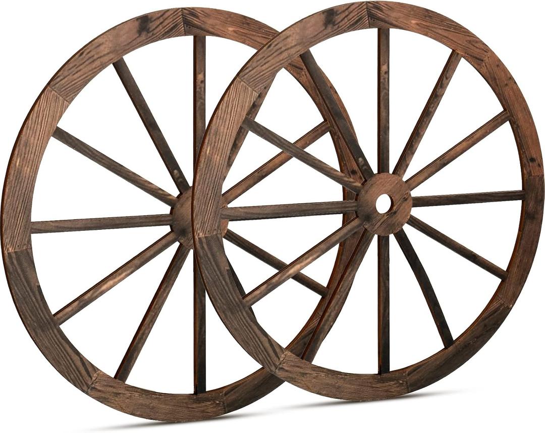 Qunclay 2 Pcs Wagon Wheel Decor Wooden Western Cowboy Party Decorations Vintage Rustic Wagon Wheel Wood Cartwheel Decor for Bar Garage Indoor Outdoor (Brown,18 Inch)