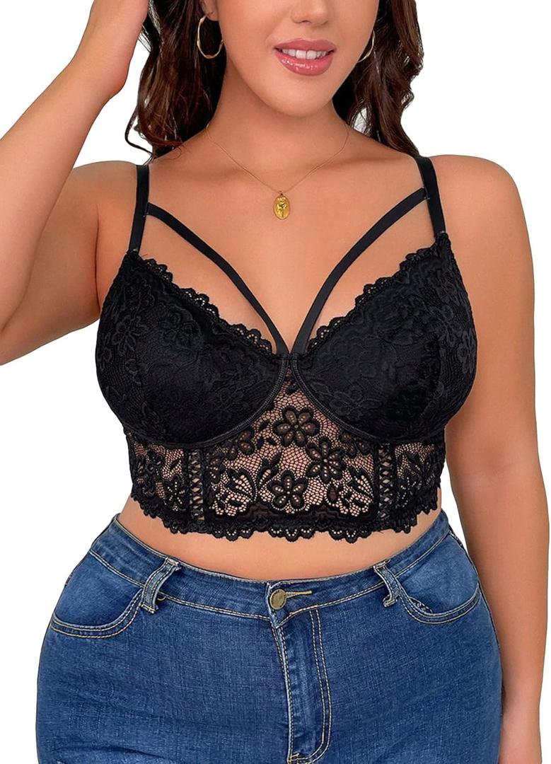 OYOANGLE Women's Plus Size Cut Out Floral Lace Bra Wireless Underwire No Padding Bralette (X-Large Plus, Black)