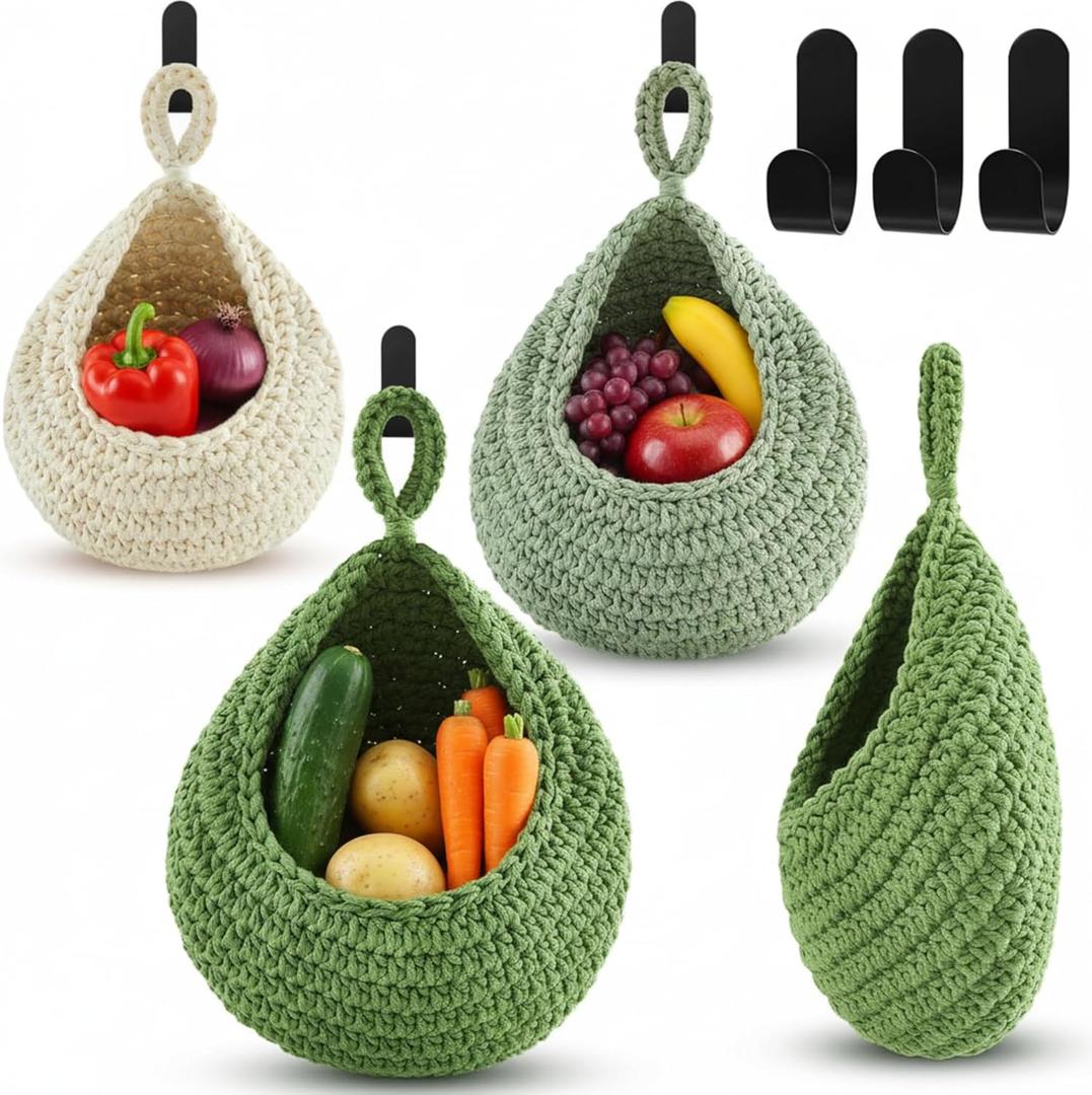 Honeydak Hanging Wall Basket Teardrop Hanging Baskets Onion Basket Coat Bohemian Storage Fruit Wall Hooks for Kitchen Wall Home Restaurant Storage Vegetable, 3 Sizes(Sage Green)