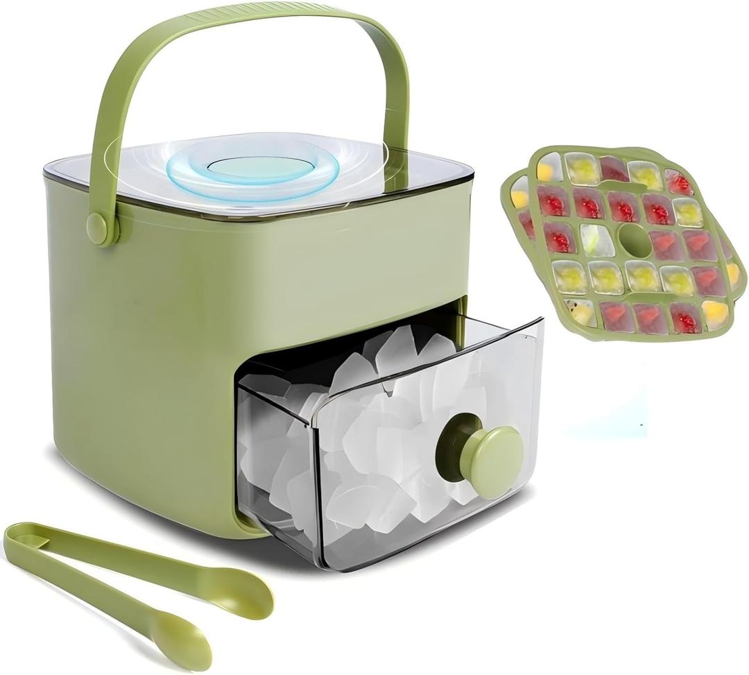 Ice Cube Tray with Lid & Bin Ice Maker for Freezer Ice Trays Ice Container- Ice Molds for Whiskey, Cocktail, Coffee Drinks, Beer with Ice Tongs Kitchen Gadgets Tools (Green)